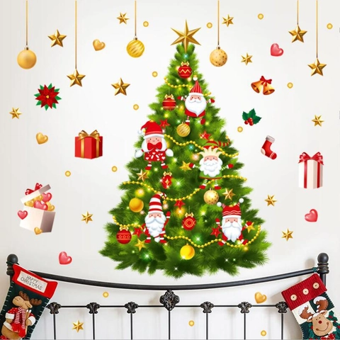 Christmas Tree Wall Sticker Removable PVC Decal Santa Claus Window Cling Festival Home Decoration Waterproof Mural