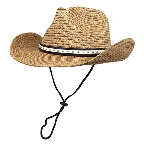Sombrero De Vaquero De Paja Para Mujer Estilo Western Banda De Estrellas Cuerda Resistente Al Viento Ajustable Ala Ancha Verano