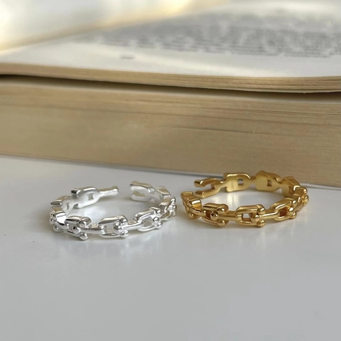 925 Sterling Silver Ring Minimalist Geometric U-Shape Chain Link Open Adjustable Finger Ring 18K Gold Plated For Women
