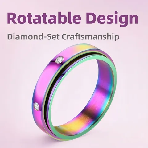 Bague Spinner En Acier Inoxydable Avec Strass Zirconia Rotative Soulagement Stress Anxiété Bijoux Couple Polis Plaqués Or