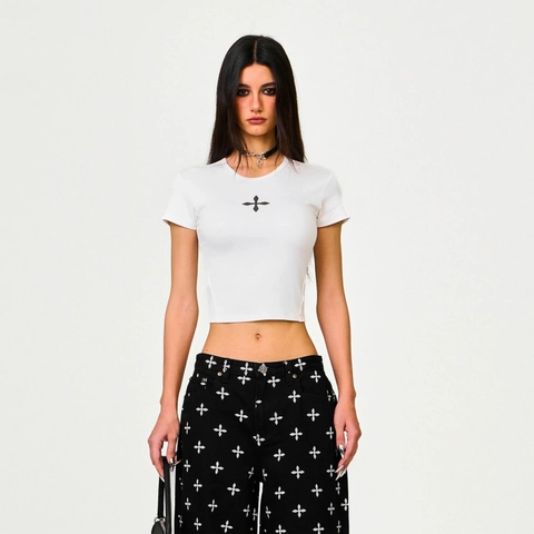 T-shirt Crop Top Donna Cotone Vestibilità Aderente Maniche Corte Girocollo Stampa Croce Stile Urbano Y2K Estate