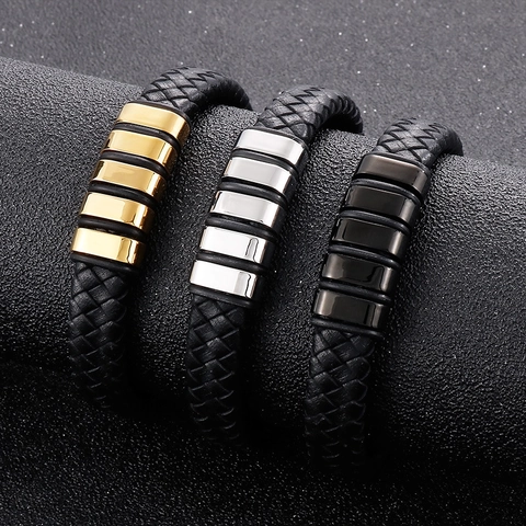 Bracciale Da Uomo In Vera Pelle Intrecciata Con Chiusura Magnetica In Acciaio Inossidabile Stile Punk