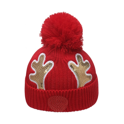 Kids Reindeer Christmas Knit Hat With Soft Pom Pom Sequined Antlers Winter Warm Beanie For Children Boys Girls Holiday Gifts