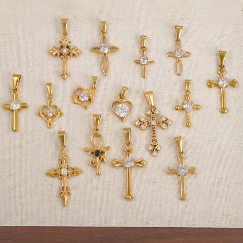 Ciondolo in Acciaio Inossidabile Zirconia Croce Cuore Delfino Senza Catena Oro Placcato Gioielli Religiosi Donna Solo Ciondolo