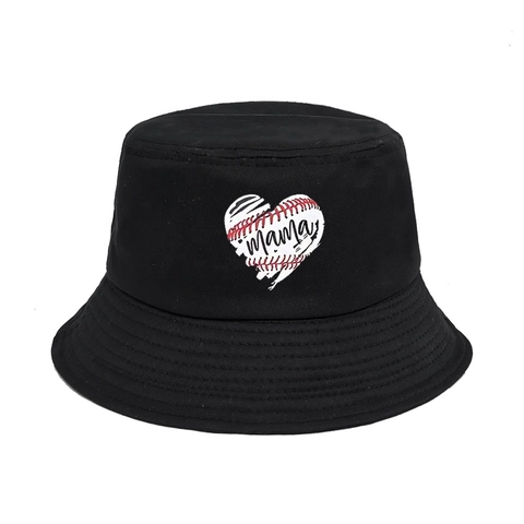 Mama Heart Baseball Print Bucket Hat Cotton Canvas Retro Casual Outdoor Sun Protection Round Top Hat For Women