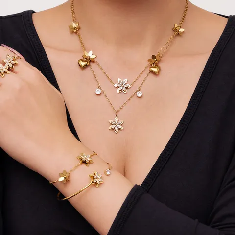 Elegant Flower Zircon Jewelry 316L Stainless Steel Necklace Earrings Bracelet Ring Bangle Gold Plated Waterproof Hypoallergenic Heart Pendant Women