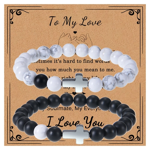Natural White Howlite And Matte Black Stone Beaded Cross Couple Bracelets For Lovers Gift With Message Card