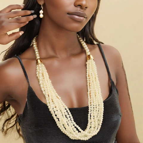 Bohemian Multi Layer Artificial Pearl Necklace And Earrings Set For Women Lacquered Statement Sweater Chain Jewelry Set Gift