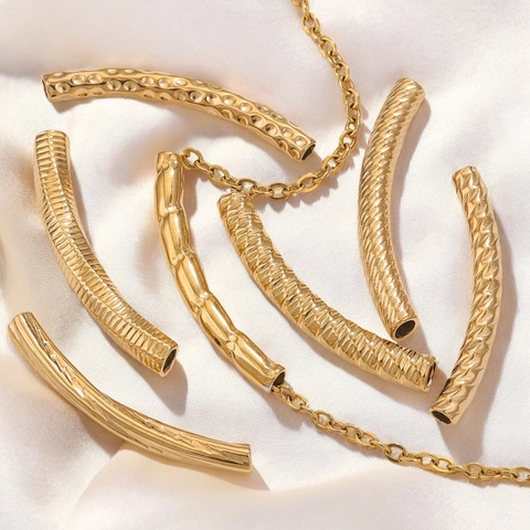 Stainless Steel 18K Gold Plated Curved Tube Beads Embossed Textured Spacer Tube For DIY Jewelry Making Findings Accessories
