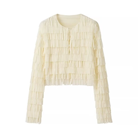 Women Fringed Cropped Blouse Round Neck Long Sleeve Single Breasted Layered Tassel Cardigan Polyester Sweet Top