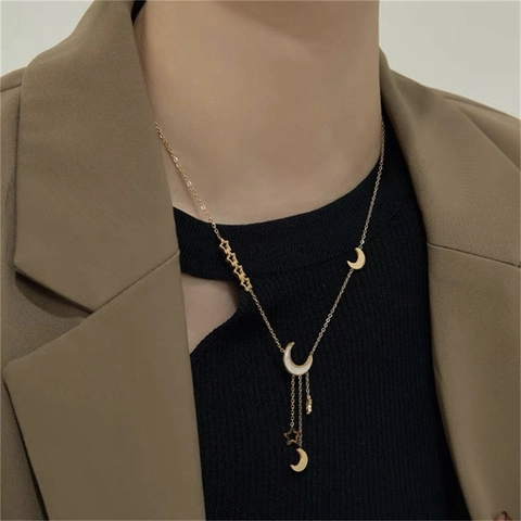 Titaniumstaal Ster Maan Hanger Halsketting Vrouwen Elegant Goud Ster Kwastje Choker Met Kunstparel Mode Sieraden