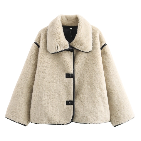Women Faux Fur Lamb Wool Jacket Lapel Contrast Binding Single Breasted Short Cropped Loose Fashion Elegant Outerwear