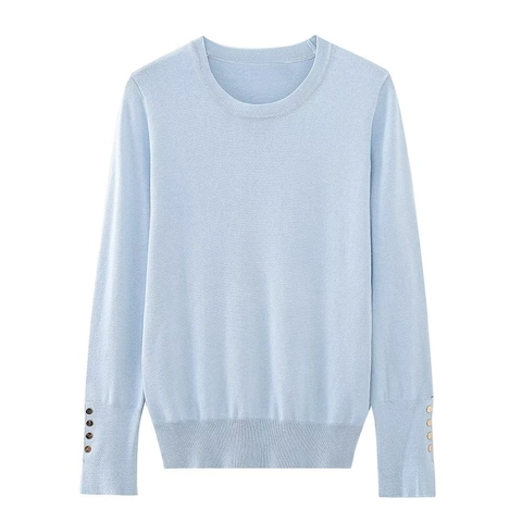 Women Elegant Round Neck Long Sleeve Knit Sweater With Decorative Button Cuff Soft Basic Slim Fit Pullover Knitwear Top