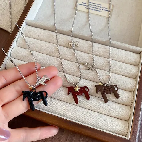 Collar Con Colgante De Caballo Aleación Estrella Encanto Cadena De Bolas Color Plata Joyería Para Mujer