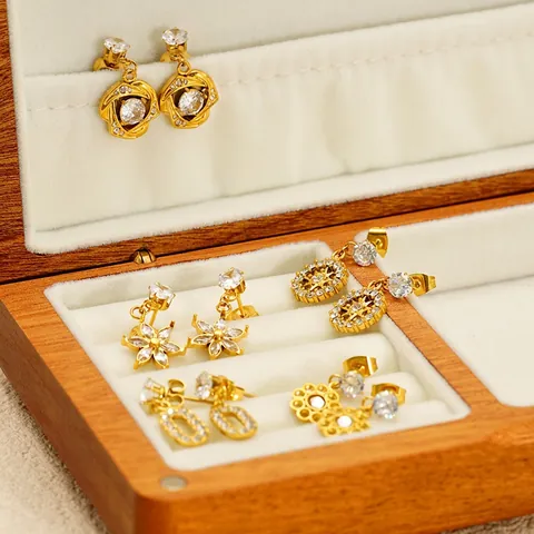 Flower Geometric Drop Stud Earrings 18K Gold Plated Stainless Steel Zircon Rhinestone Hypoallergenic Jewelry For Women