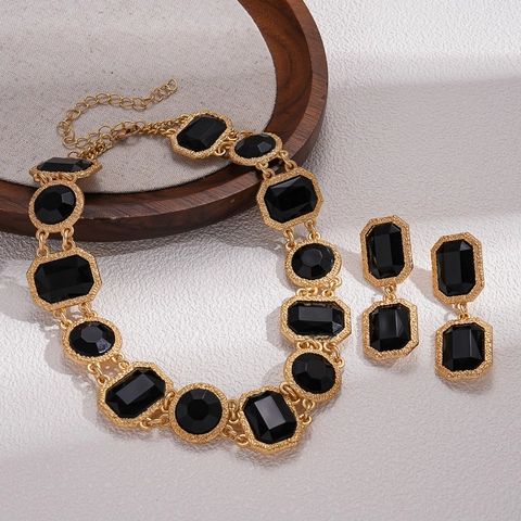 Retro Geometric Black Crystal Necklace And Earrings Copper With Silver Earring Post Women Gothic Jewelry