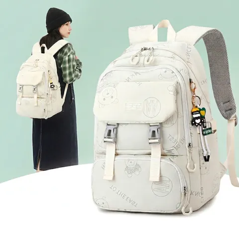 Mochila Tela Oxford Gran Capacidad Multi Bolsillo Estampado Oso Estilo Coreano Lindo Para Estudiante Niña Con Colgante