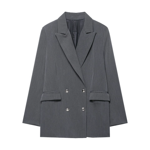 Chaqueta Blazer De Mujer Con Doble Botonadura Gris Oscuro Corte Ajustado Oficina Carrera Profesional Manga Larga Poliéster