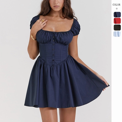 Robe Courte Pour Femme Manches Bouffantes Col Carré Taille Corset Bouton Avant Style Vintage Français Polyester Sexy