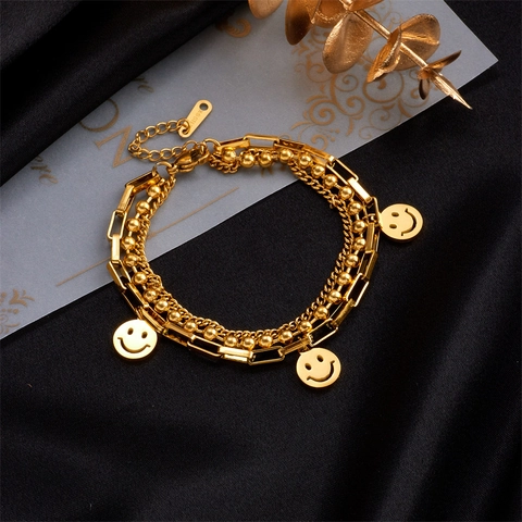 Fashion Gold Titanium Steel Multi-layer Chain Bracelet With Smile Face Pendants Beaded Punk Style Adjustable Bracelet For Women