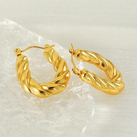 Boucles D'oreilles Créoles En Forme De U En Acier Inoxydable Plqué Or Motif Spirale Torsadé Rétro Style INS Élégant Pour Femmes