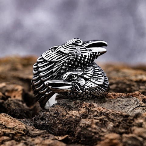Anillo De Cabeza De Águila Doble Vintage Acero Inoxidable Punk Gótico Cuervo Joyería Animal Para Hombres Biker
