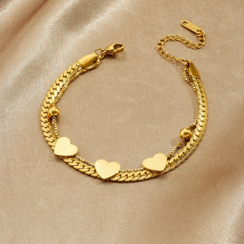 Doppelschichtiges Herz Anhänger Armband Vergoldet Edelstahl Geflochtene Kette Verstellbarer Schmuck Für Damen