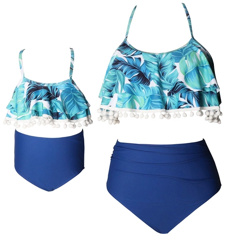 Mommy And Me Bademode Volants High Waist Bikini Nylon Tropischer Blumendruck Strandbekleidung Damen Mädchen Pom Pom Dekor