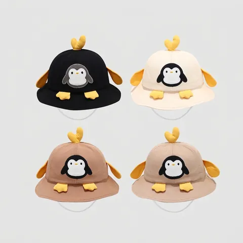 Cappello Da Pescatore Per Bambini Cotone Ricamo Pinguino Cartone Animato Protezione Solare Cappello Da Sole Per Bambini Con Corda Antivento