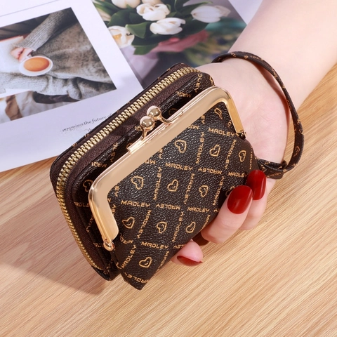 Vintage PU Leather Women Wallet Kiss Lock Zipper Coin Purse Multi Card Slot Card Holder Large Capacity Wristlet Handbag