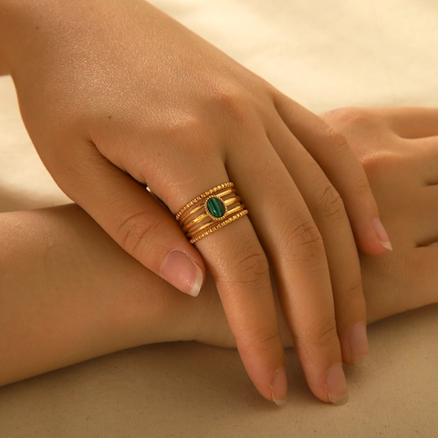Vintage French Palace Style Open Ring Stainless Steel Multi Layer Hollow Green Malachite Oval Gemstone Adjustable For Women