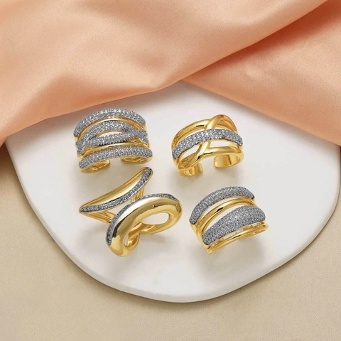 Fashion Adjustable Open Ring Copper Gold Plated Micro Pave Cubic Zirconia Multi Layer Cross Dual Color Minimalist Jewelry
