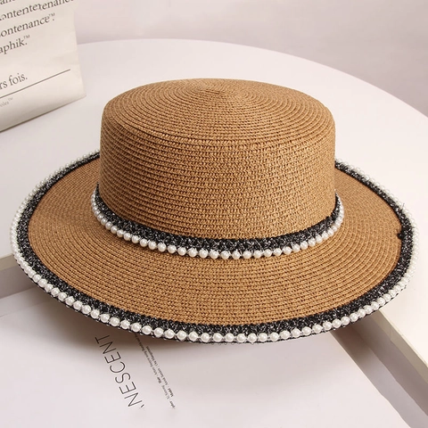 Women Boater Hat Summer Straw Beach Sun Hat With Double Row Imitation Artificial Pearl Decoration French Elegant Wide Brim UV Protection