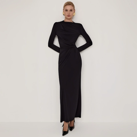 Damen Maxi Kleid Langarm Raffung Slim Fit Figurbetont Einfarbig Sexy Party Abend Elegant Kleid