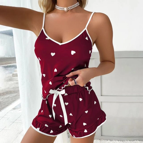 Women Pajama Loungewear Camisole Top And Ruffle Shorts Heart Print Bow V Neck Polyester Breathable Casual