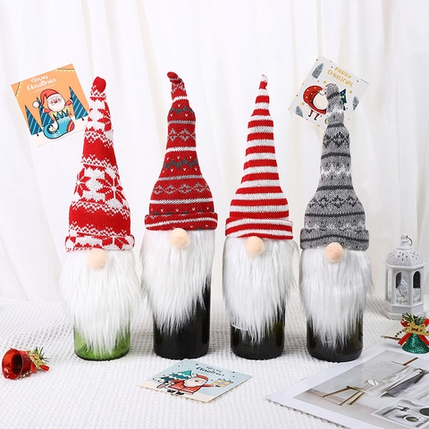 Couvre Bouteille De Vin De Noël Décoration De Gnome Laine Tricotée Longue Barbe En Peluche Sans Visage Ornement De Table
