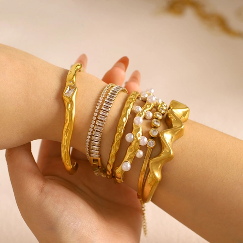 18K Gold Plated Stainless Steel Bracelet Zirconia Artificial Pearl Open Bangle For Women Adjustable Fashion Jewelry