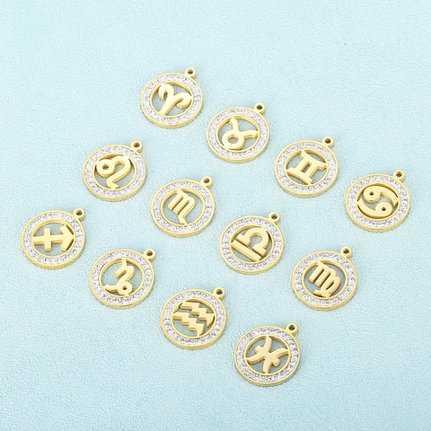 Dijes De Signos Del Zodiaco Acero Inoxidable Diamantes De Imitación Circular Recortado Constelación Colgantes Para Joyería