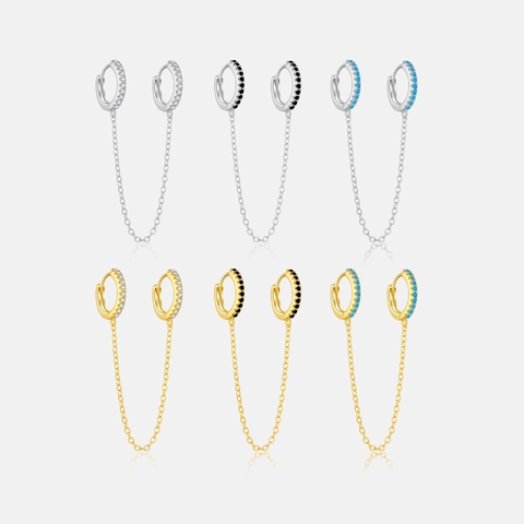 925 Sterling Silver Double Piercing Hoop Earrings With Tassel Chain High-end Fashion Rhinestone Ear Buckle For Women Jewelry