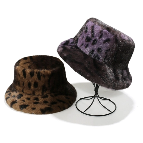 Cappello Alla Pescatora Donna Leopardato Sfumato Pelliccia Sintetica Caldo Peluche Inverno Chic