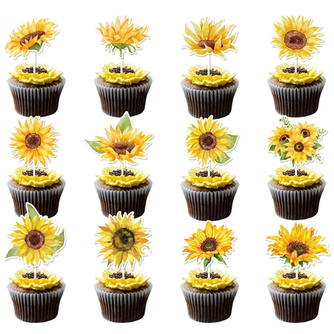 Sunflower Cupcake Toppers Paper Decorative Cake Picks For Birthday Party Wedding Watercolor Floral Dessert Ornaments