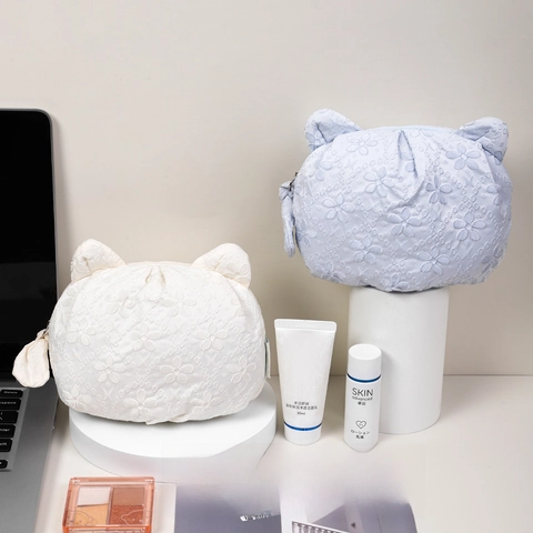 Cute Cat Ear Makeup Bag Floral Jacquard Embroidery Lace Portable Cosmetic Pouch Travel Toiletries Storage Organizer Case Kawaii
