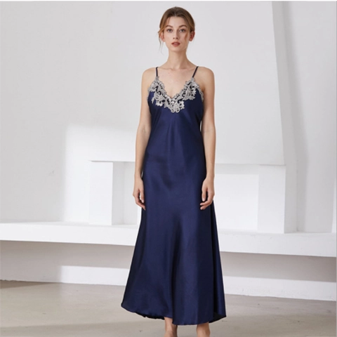 Women Satin Nightgown Lace Trim V-Neck Spaghetti Strap Long Sleepwear Faux Satin Slip Dress Loungewear