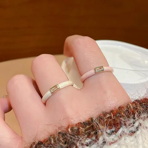 Elegant Open Ring Adjustable Copper Enamel Glaze Rectangular Zircon Inlaid Minimalist Korean Style Jewelry For Women