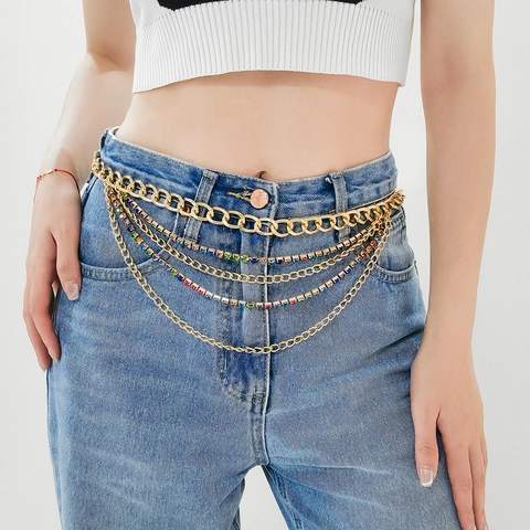 Multi-layer Waist Chain Alloy Rhinestone Pants Body Link Adjustable Hip Hop Punk Streetwear Accessory For Women