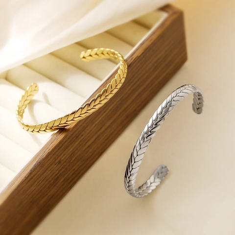 Cuff Bracelet 18K Gold Plated Stainless Steel Wheat Pattern Braided Texture Open Adjustable Fashion Jewelry Women