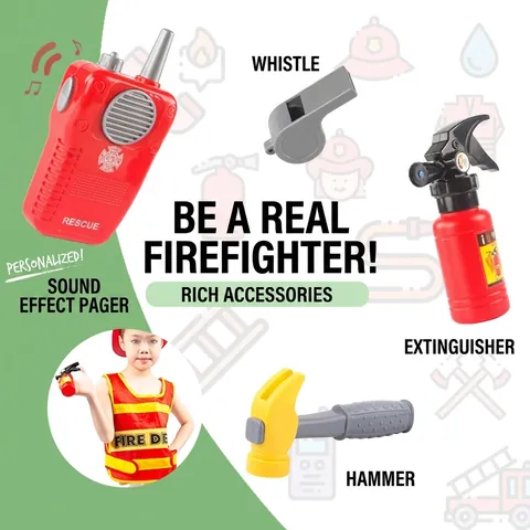 Kinder Feuerwehr Rollenspiel Kostüm Rote Weste Reflektierende Streifen Spielzeug Musik Walkie Talkie Feuerlöscher Hammer Pfeife