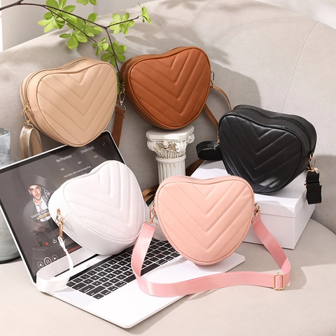 Heart Shaped Crossbody Bag PU Leather V-Quilted Chevron Pattern Fashion Small Shoulder Purse For Women