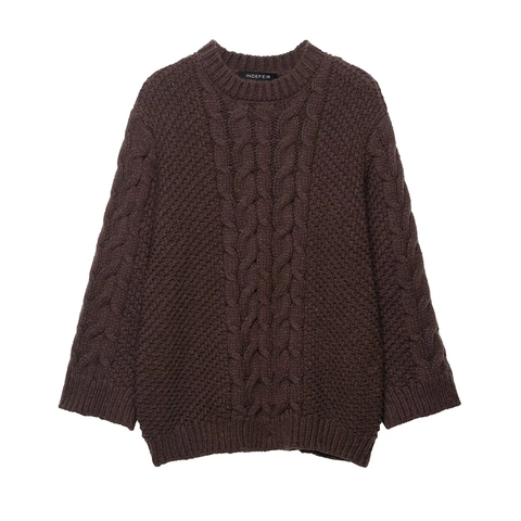 Women Cable Knit Sweater Chunky Crew Neck Long Sleeve Loose Fit Warm Casual Solid Color Pullover Top