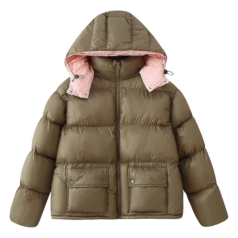 Giacca Imbottita Con Cappuccio Da Donna Colore A Contrasto Invernale Trapuntata Poliestere Con Grandi Tasche Cerniera